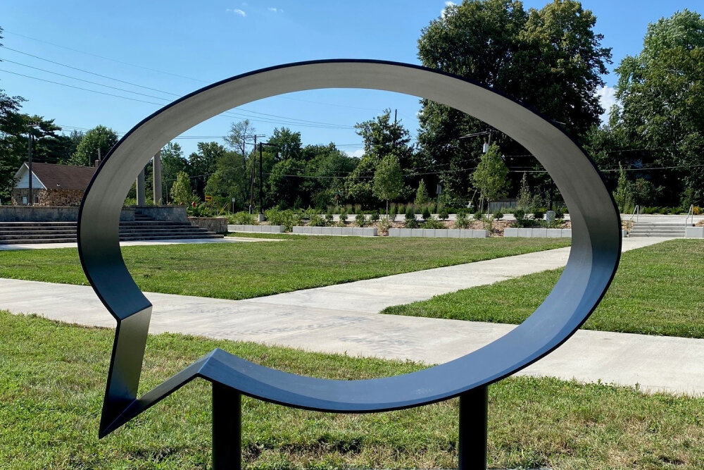 "Ernest and Ruth" is installed on the Springfield Art Museum's Hatch Foundation Lawn.